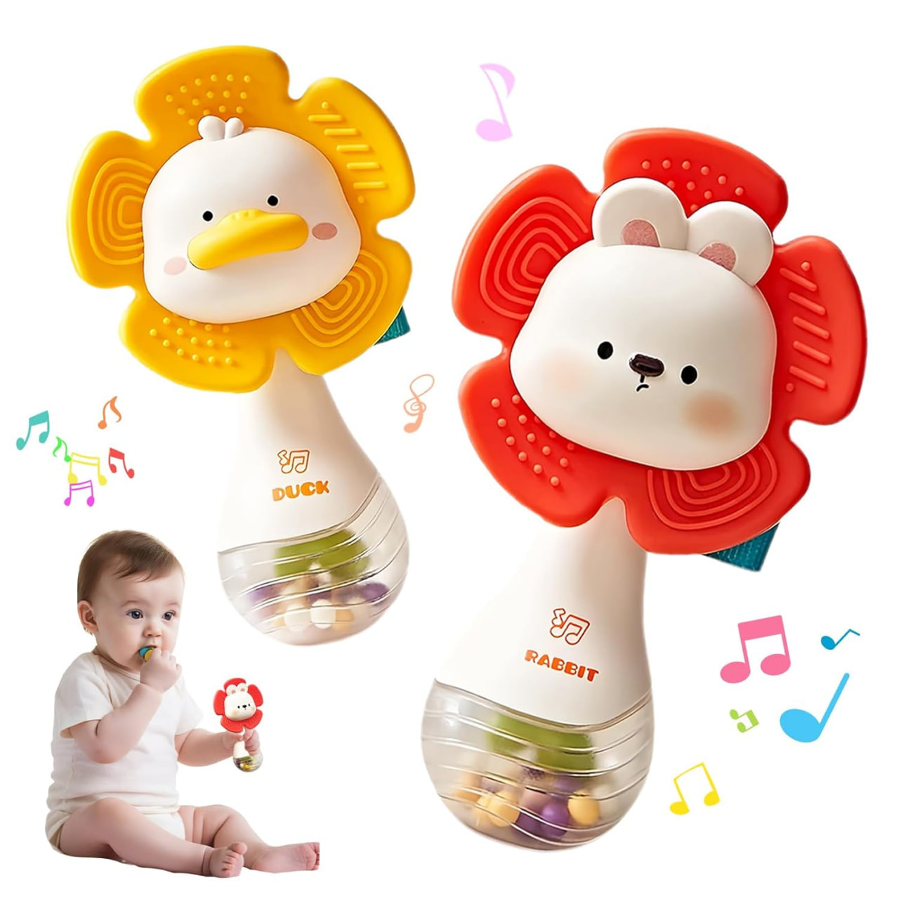 weirtoya 2 件装婴儿摇铃磨牙玩具，适合 3-6 个月宝宝，0-6 个月婴儿玩具，带珠子抓握摇铃的感官玩具，新生儿必备蒙特梭利玩具，婴儿礼物