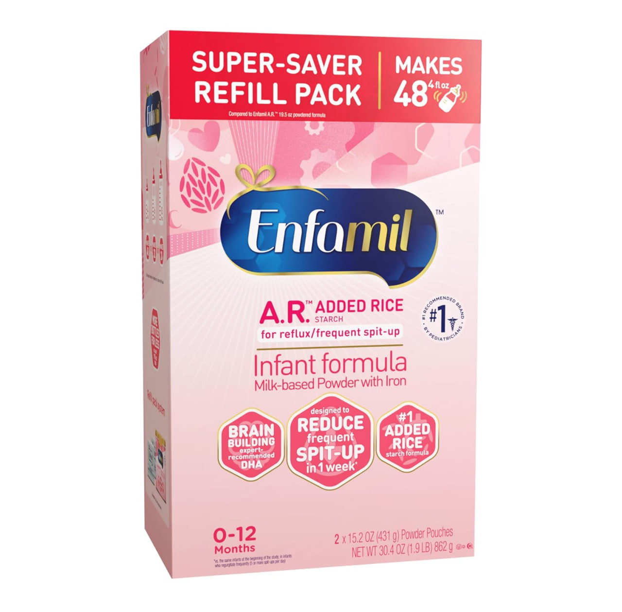 Enfamil A.R. 婴儿配方奶粉，添加米淀粉配方，减少反流和吐奶；添加DHA促进大脑发育；添加益生菌支持消化和免疫健康；婴儿奶粉，30.4盎司盒装
