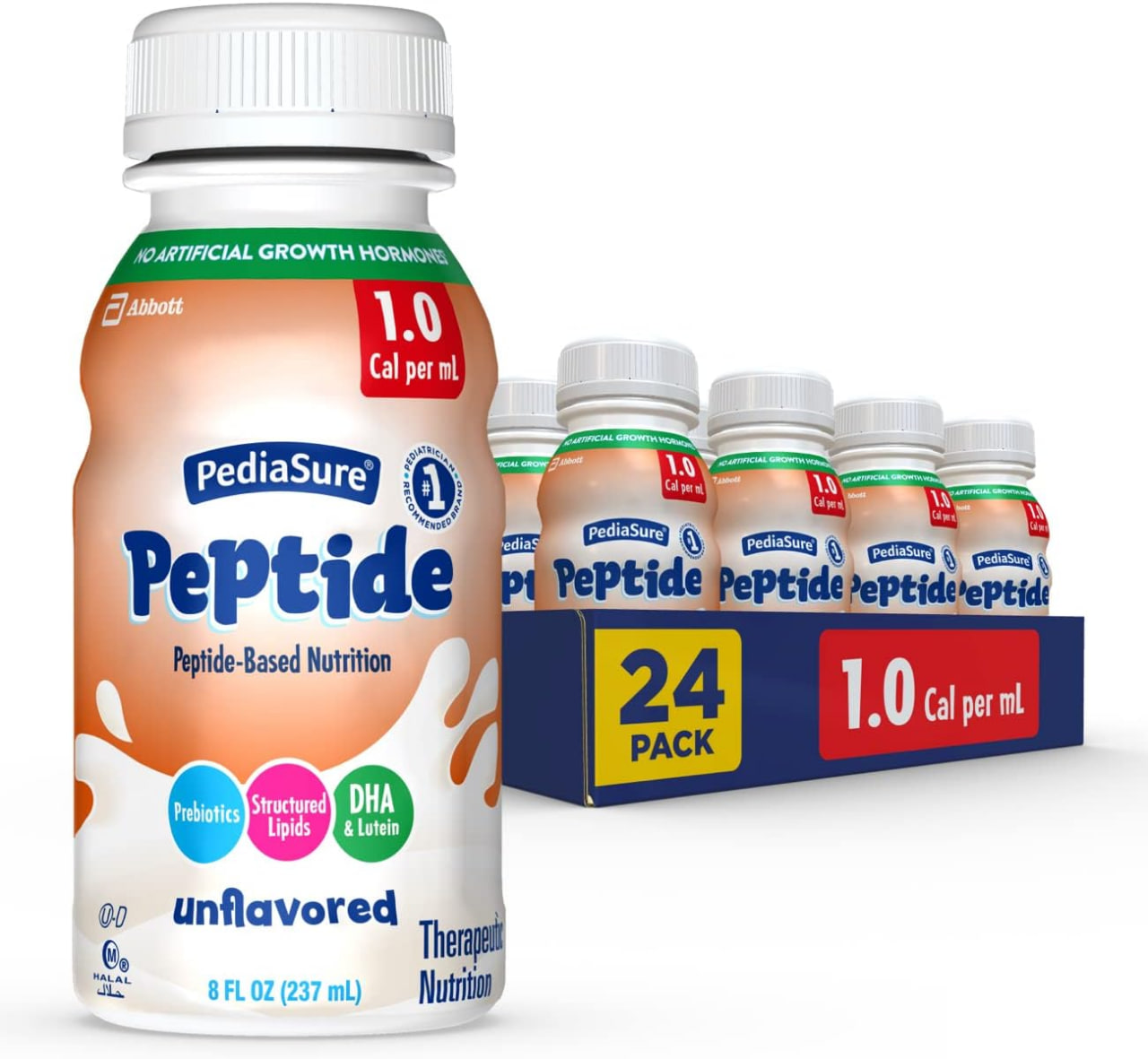 PediaSure 肽配方奶粉 1.0 卡路里，肽基配方，单一营养来源，适用于管饲或口服营养，无味，8 液盎司瓶装，24 瓶装